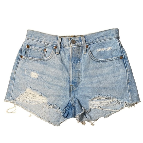 Levi's 501 High Rise Button Fly Blue Distressed Denim Shorts Size 26 - Picture 3 of 6